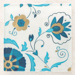 Vergoldete Indigo-Blumen mit weißem Hintergrund Glasuntersetzer