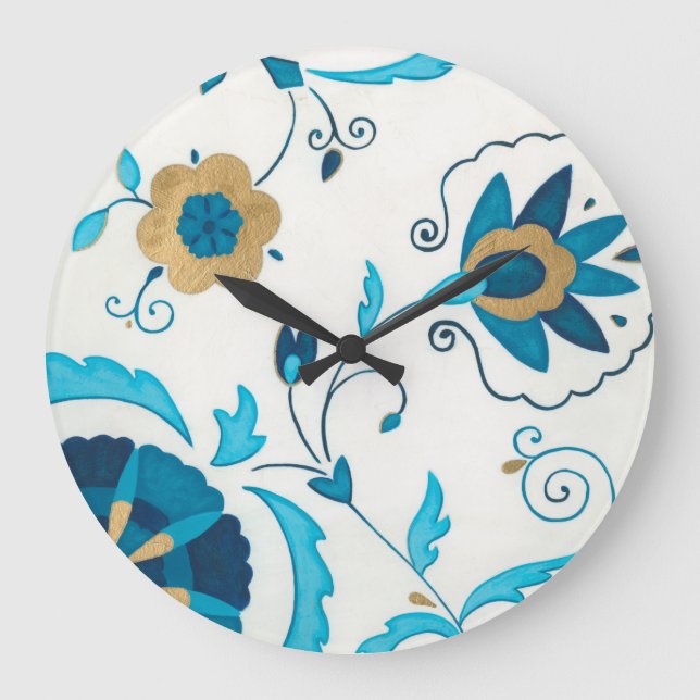 Vergoldete Indigo-Blumen mit weißem Hintergrund Große Wanduhr (Vorderseite)