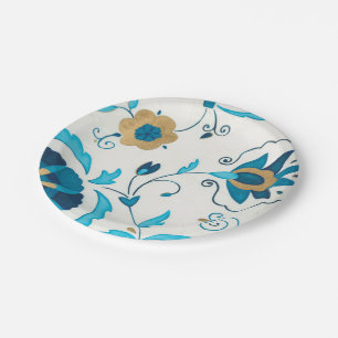 Vergoldete Indigo-Blumen mit weißem Hintergrund Pappteller