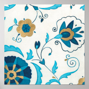 Vergoldete Indigo-Blumen mit weißem Hintergrund Poster