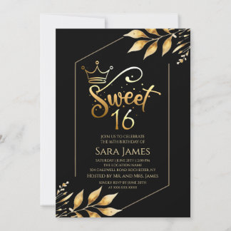 Vergoldete Majestät Schwarz & Gold Sweet 16 Einlad Einladung