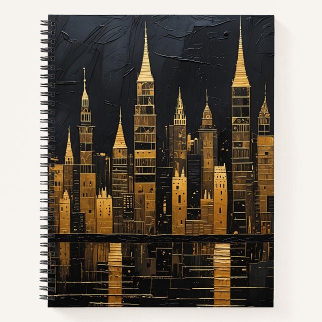 Vergoldete Mitternachts-Skyline Notizbuch (Vorderseite)
