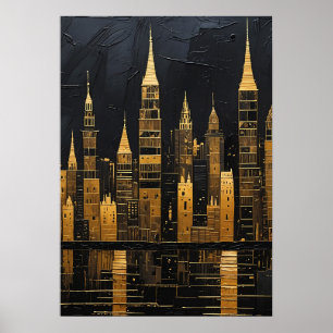 Vergoldete Mitternachts-Skyline Poster