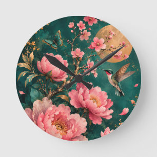 VERGOLDETE SMARAGDGARTEN-KOLIBRI-ROSEN RUNDE WANDUHR