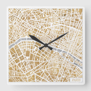 Vergoldete Stadt-Karte von Paris Quadratische Wanduhr