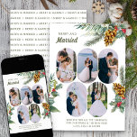 Verheiratet 5 Foto Holly and Pine Newlyweds Feiertagskarte<br><div class="desc">Freuen Sie sich auf eine Verheiratete Foto-Urlaubskarte mit 5 Fotos, einer personalisierten Botschaft und traditionellen Bouquets aus Pinien, Pinien und Kiefern. Das Design ist mit "Fröhlich und Verheiratet" auf der Vorderseite und ganz hinten geschrieben. Ihre Fotos werden im Porträtformat 16:9 angezeigt und die Fotomodelle wird automatisch in einer pilzförmigen, abgerundeten...</div>