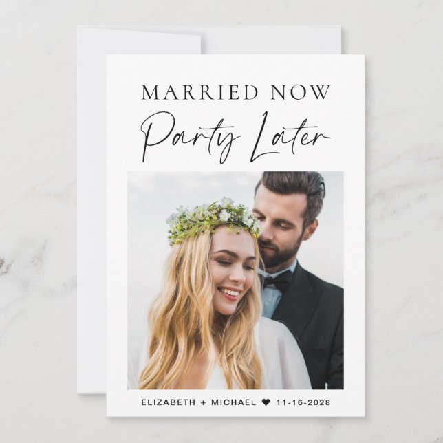 Verheiratet jetzt Party später Foto Hochzeit Einladung (Vorderseite)