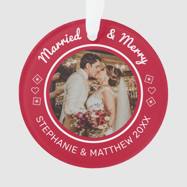 Verheiratet & Merry 2 Foto Modernes Rot Ornament (Vorderseite)