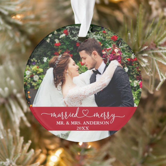 Verheiratet Merry Calligraphy Heart Foto Wedding R Ornament (Baum)