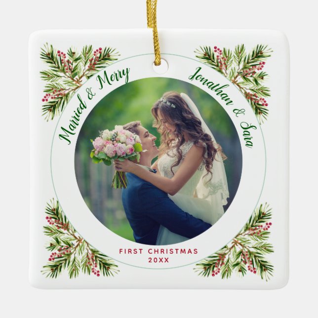 Verheiratet & Merry | Erstes Weihnachtsfest - Foto Keramikornament (Vorderseite)