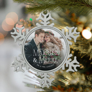 Verheiratet & Merry Foto Neugegossen Weihnachten Schneeflocken Zinn-Ornament
