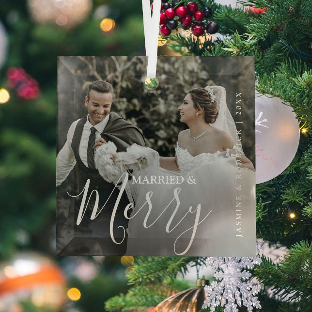 Verheiratet & Merry Modern Mr & Mrs. Foto Ornament Aus Glas (Von Creator hochgeladen)