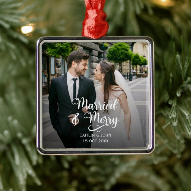 Verheiratet Merry Newlyweds 1. Foto Platz Ornament Aus Metall (Baum)