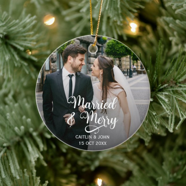 Verheiratet Merry Newlyweds 1. Foto Runde Keramik Ornament (Baum)
