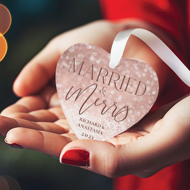 Verheiratet & Merry Rose Gold Twinkling Lights Fot Ornament (Married & Merry Rose Gold Twinkling Lights Photo Ornament)
