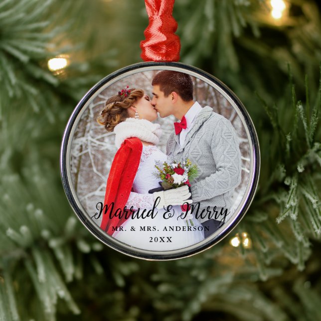 Verheiratet & Merry Wedding Foto Weihnachtsrunde B Ornament Aus Metall (Baum)