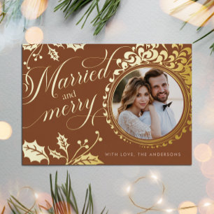 Verheiratet und Merry Calligraphy Boho Brown 1 Fot Folien Feiertagskarte