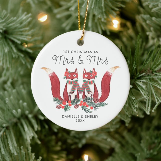 Verheiratete Lesbische Paare Personalisierte Füchs Keramik Ornament (Baum)