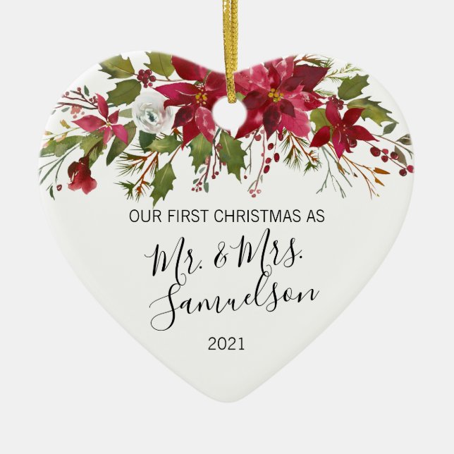 Verheiratete Rote Poinsettia Aquarell Keramik Ornament (Vorne)
