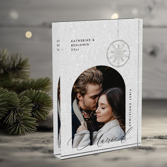 verheiratete Schneeflocken Boho Modernes Geschenk Fotoblock (christmas gift first married couple white boho glitter sparkle modern minimalist snowflake winter)