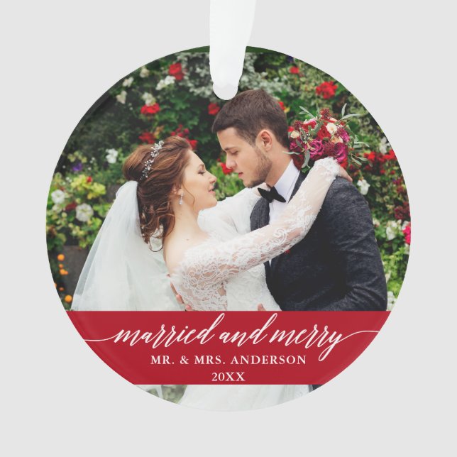 Verheiratete und frohe Hochzeitskalligrafie Rot Ornament (Vorderseite)