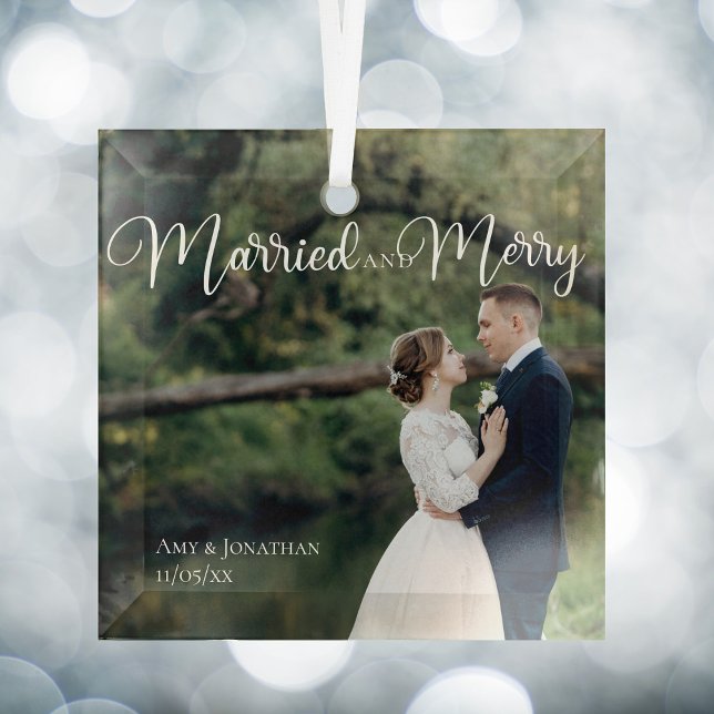 Verheiratete und fröhliche Elegante Hochzeit Foto  Ornament Aus Glas (Von Creator hochgeladen)