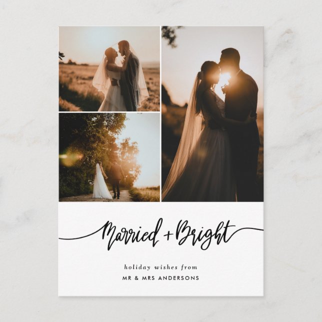 Verheiratete und helle Script Couple Foto Holiday Postkarte (Vorderseite)
