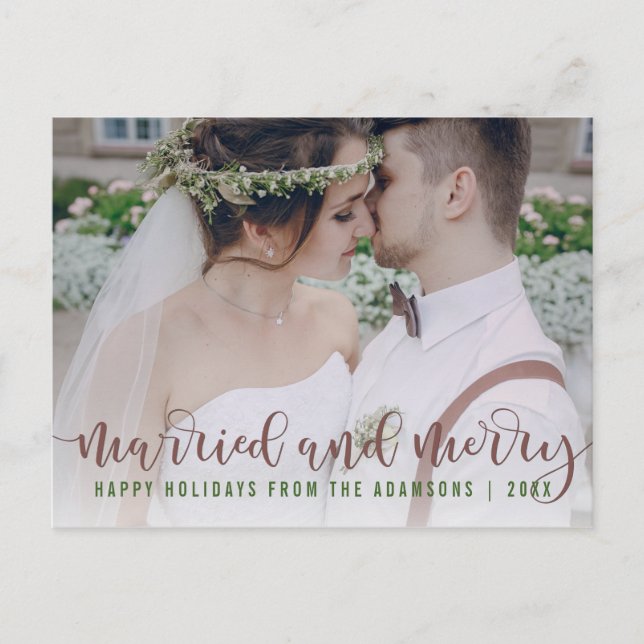 Verheiratete und Merry Calligraphie | Neugezogenes Feiertagspostkarte (Vorderseite)