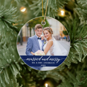 Verheiratete und Merry Wedding Calligraphy Blue Keramik Ornament