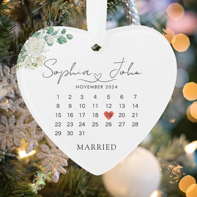 Verheiratete Weihnachtsfeier Ornament (Married Christmas Wedding Date Heart Script Ornament)