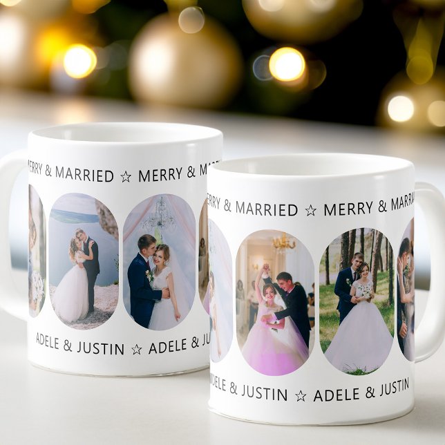 Verheiratetes 6 gerundetes Lozenge Foto Kaffeetasse (Merry & Married 6 Photo First Christmas Married Mug from my Rounded Lozenge Photo Collage collection)
