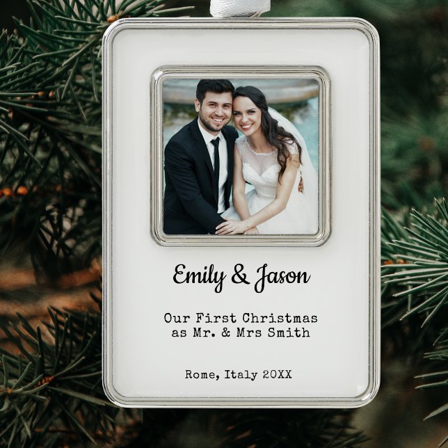 Verheiratetes Foto Rahmen-Ornament Silber (Newlywed First Christmas Photo Framed Custom Ornament Keepsake)