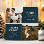 Verheiratetes und fröhliches Foto Name Blue Christ Ornament Aus Metall<br><div class="desc">Feiern Sie Ihre ersten Weihnachten als Neuvermählte auf eine wirklich einzigartige und besondere Weise! In unserem modernen Weihnachtsschmuck finden Sie zwei hochgeschätzte Fotos aus Ihrem Hochzeitstag, geschmückt mit wunderschönen blauen Plätzen und der herzlichen Botschaft "Verheiratet & Merry". Personalisiert mit Ihrem Hochzeitsdatum und Ihren Namen, ist dieses Ornament nicht nur eine...</div>