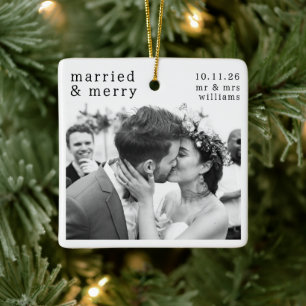 Verheiratetes und fröhliches Foto, Namen und Datum Keramikornament