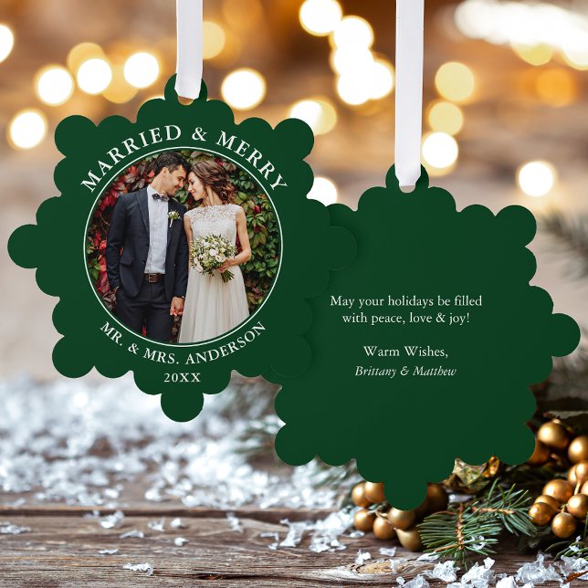 Verheiratetes und fröhliches Hochzeitsstift Grün d Ornament Karte (A greeting card that is also an ornament! Customize with your photo and personalized text.)