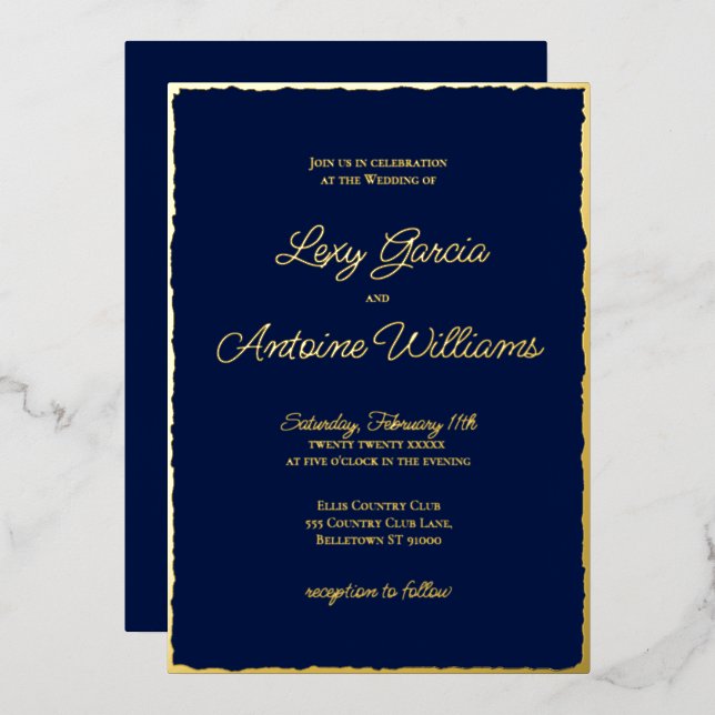 Véritable Foil Luxe Gold Edge Navy Blue Invitation (Recto/Verso)