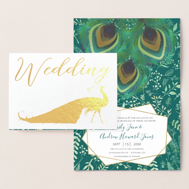 Véritable Gold Foil Peacock Invitations de mariage (Affichage)