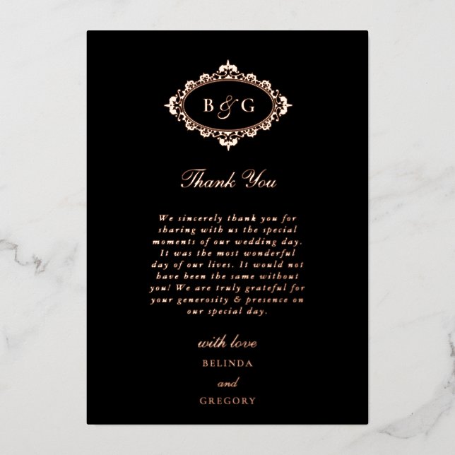 Véritable Rose Gold Foil Black Mariage Carte de re (Recto)
