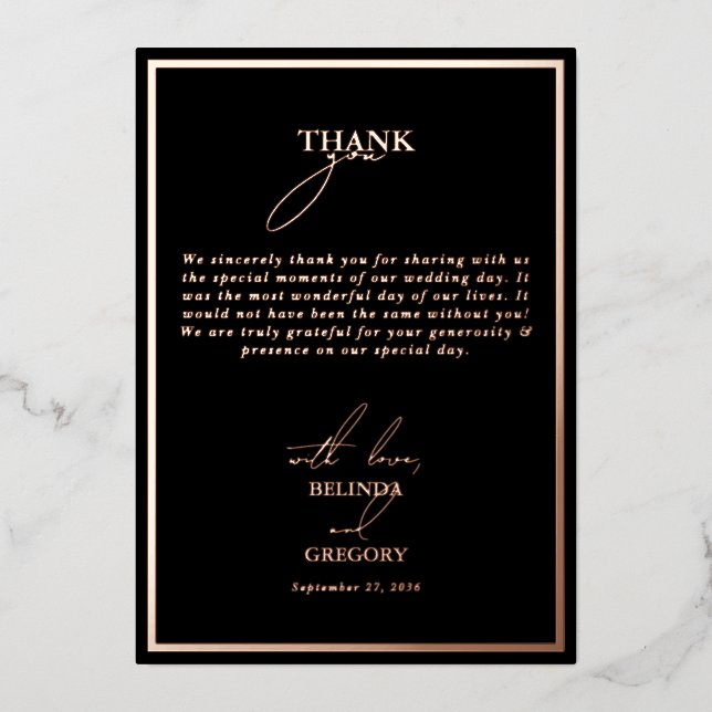 Véritable Rose Gold Foil Black Mariage Carte de re (Recto)
