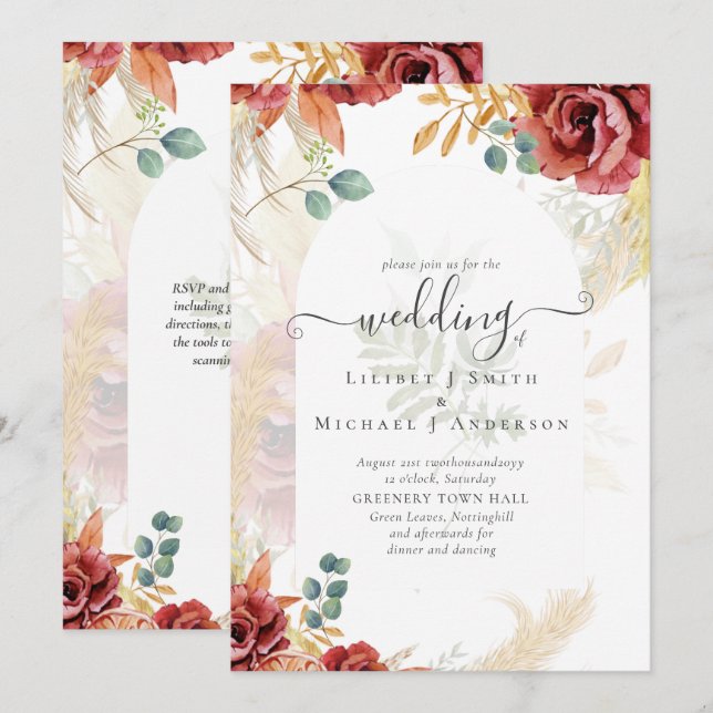 VERKAUF! Boho Burgundy Gold Floral Country Stallfa Einladung (Vorne/Hinten)