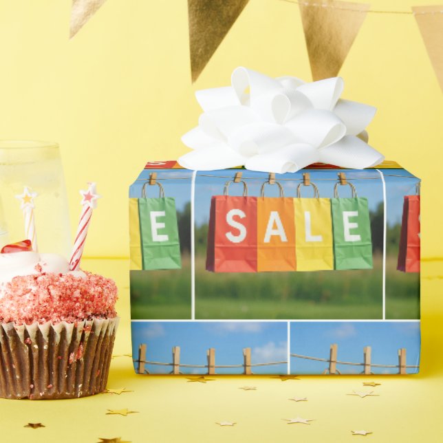 Verkaufseinkaufstaschen an einer Wäscheleine Geschenkpapier (Geburtstagsparty)