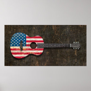 Verkratzte und getragene Flagge-Akustikgitarre Poster