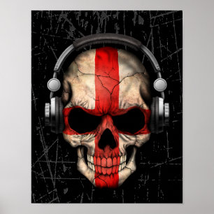 Verkratzter englischer DJ-Schädel mit Kopfhörern Poster