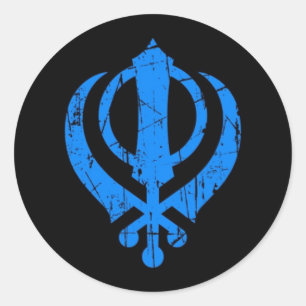 Verkratztes blaues SikhKhanda Symbol auf Schwarzem Runder Aufkleber