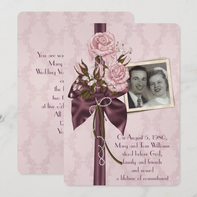 Verlängerung der Ehe - Rose und Damast mit Foto Einladung (Vorne/Hinten)