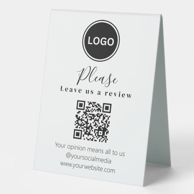 Verlass uns eine Überprüfung | QR-Code Modern Busi Tischaufsteller (Vorderseite)