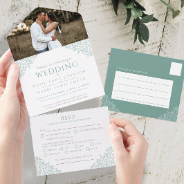 Verlasse Foto für Hochzeitsweiße gedämpfte grüne  All In One Einladung