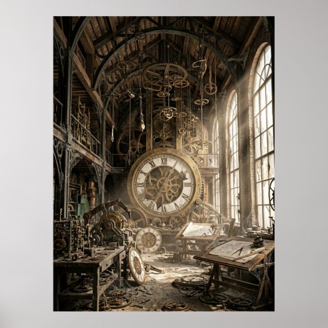 Verlassene Uhrwerk-Werkstatt Poster (Vorne)