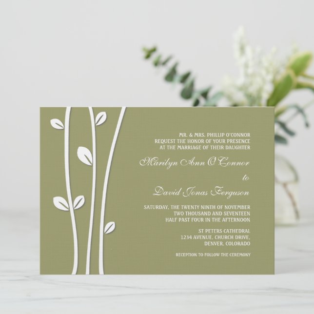 Verlassene weiße Zweige Hochzeit Einladung (Stehend Vorderseite)