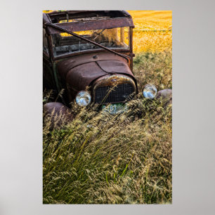 Verlassener alter Wagen im hohen Gras Poster